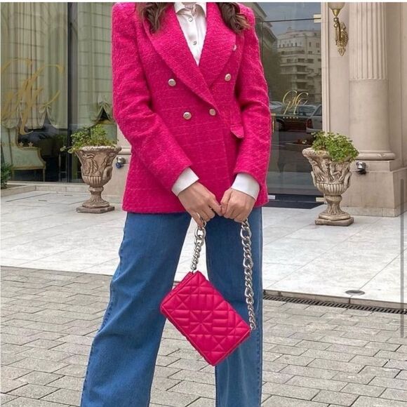Blogger Fave Zara Textured Tweed Fuschia Pink Double Breasted Blazer Size XS - Picture 14 of 14
